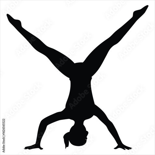 Silhouette of a flexible gymnast performing a handstand with legs spread wide in a graceful v shape against a white background symbolizing balance and strength
