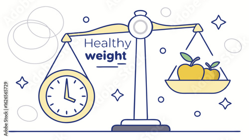 Vector illustration of a balance scale with healthy fruits and a clock representing weight management and nutrition