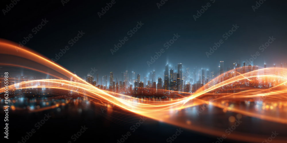 Obraz premium Glowing city skyline at night with abstract curves of light flowing through the scene, futuristic vibe