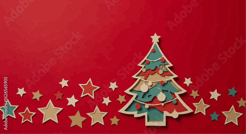 Paper Cut Style Christmas Tree with Stars – Holiday Background