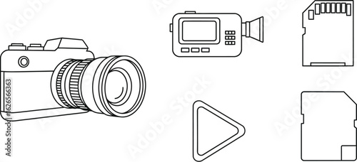 Vector art of camera, video recorder, memory card, and play button icons, representing digital photography and videography equipment