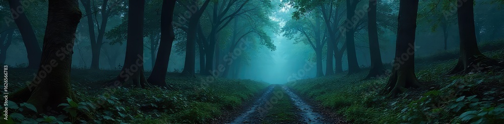 Obraz premium A dark and mysterious forest path winds through dense, ominous trees, shrouded in mist and shadows, hinting at hidden dangers and lurking threats , forest, woods, creepy