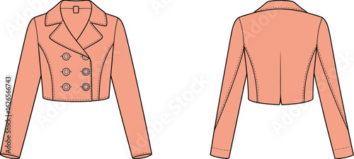 
Fashion flat vector illustration of cropped double-breasted jacket with notch lapels, long sleeves, and front button closure, front and back views, dusty rose color