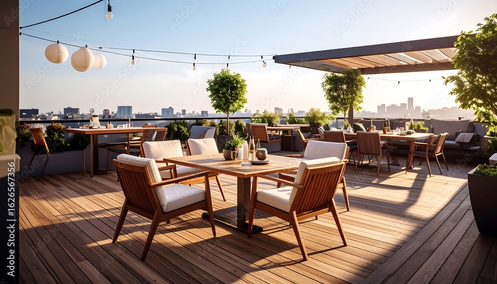 Fototapeta premium Outdoor Rooftop Dining with City Views and Wooden Decking