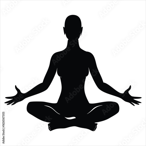 Silhouette of a woman meditating in a serene lotus position, also known as Padmasana. with arms outstretched and palms facing upwards symbolizing peace and mindfulness against a clean white background