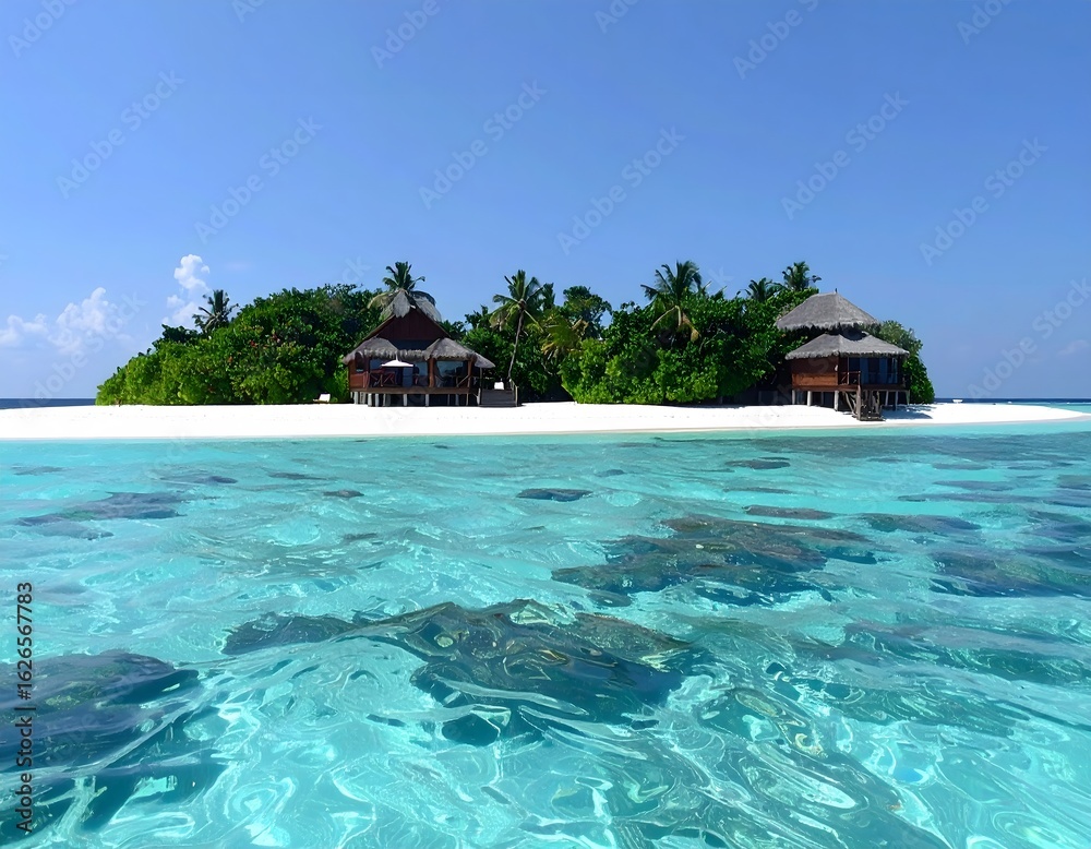 Obraz premium Crystal clear water surrounding tropical island with bungalow in maldives