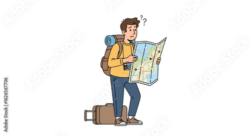 Confused male traveler with a backpack and suitcase holding a map, feeling lost and searching for directions