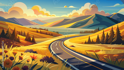 A curved asphalt road winds gracefully through the scenic landscape, bordered by golden grass and wildflowers. Hills rise gently, while sunlight paints warm shadows across the smooth, winding path ahe
