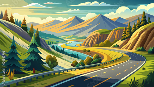 A curved asphalt road winds gracefully through the scenic landscape, bordered by golden grass and wildflowers. Hills rise gently, while sunlight paints warm shadows across the smooth, winding path ahe
