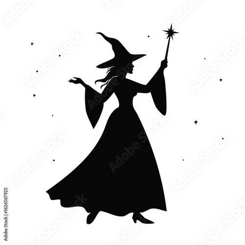 A graceful black silhouette of a beautiful witch in a long dress and pointed hat, casting a magical spell with a star-tipped wand.