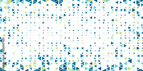Triangular blue, turquoise, green, white geometric seamless pattern. Abstract geometrical background of triangle, delta, trigon. Modern stylish texture. Repeating tiles from triangles. Vector.