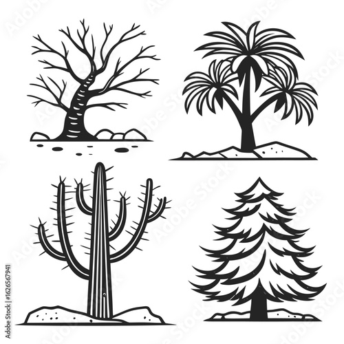 Collection of stylized tree icons including bonsai and palm varieties for modern user interface design applications
