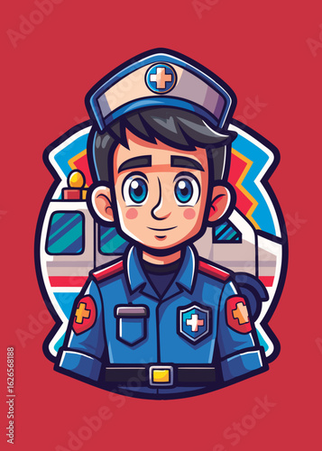 Cartoon paramedic in uniform with ambulance in background. Friendly expression and ready posture. Young paramedic professional in a cartoon style setting