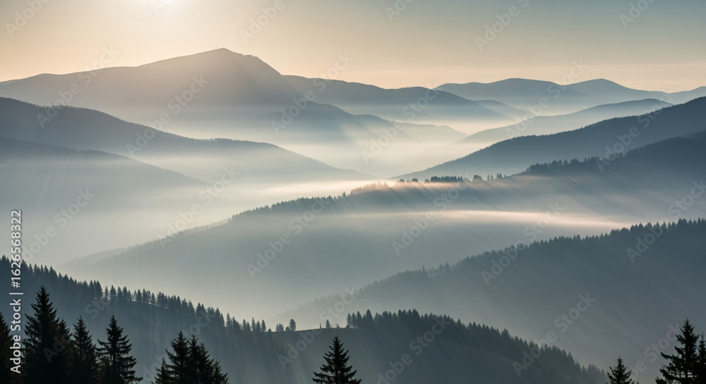 Fototapeta premium Majestic Sunrise: Misty Mountain Landscape Photography