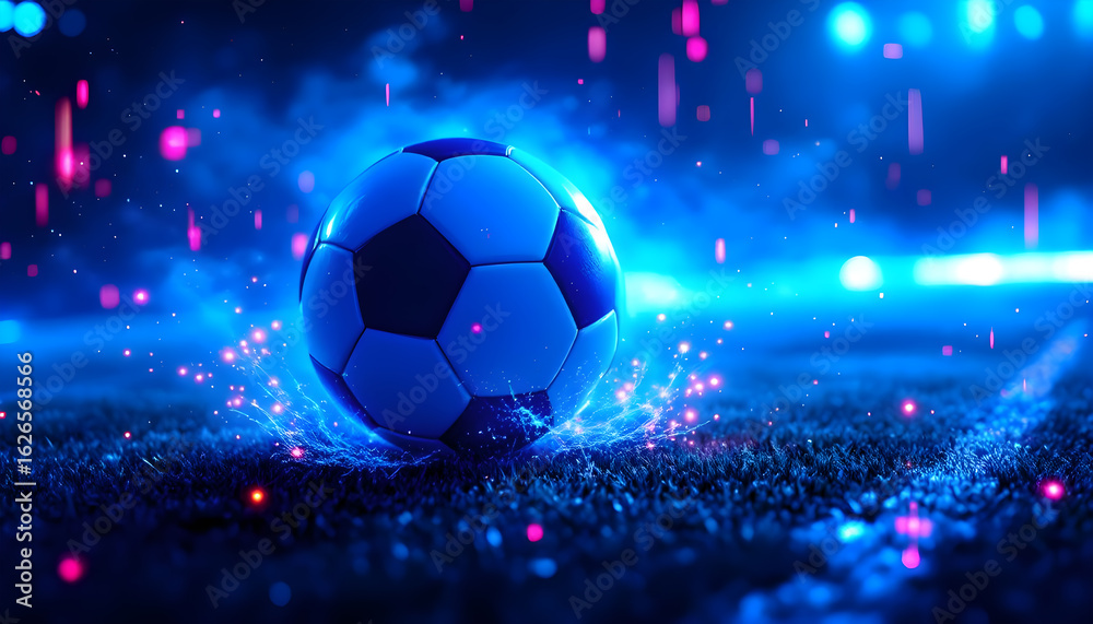 Fototapeta premium Dynamic soccer ball glows with electric energy on a vibrant neon-lit stadium field