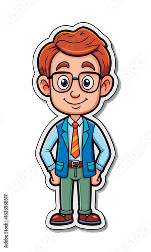 Young male cartoon character in business attire standing confidently. Professional businessperson in a casual office setting.