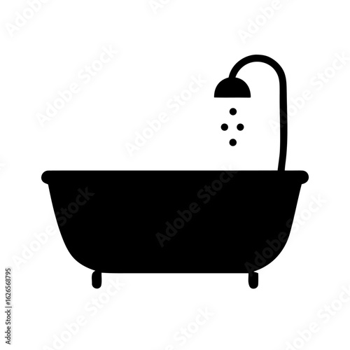Vector illustration of black silhouette of a classic bathtub with a shower head and water drops, symbolizing bathing and relaxation, isolated on white background