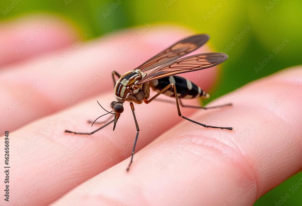 Obraz premium Close-up of mosquito on hand, blood-sucking parasite, yellow fever, outdoor