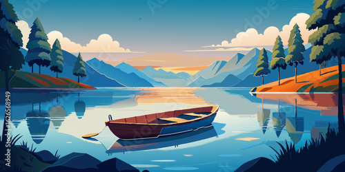 Serene lake landscape with placid water reflecting mountains and trees. A small wooden boat sits peacefully on the water. at dawn. with a tranquil atmosphere.