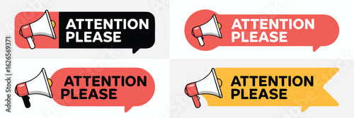 Four Cartoon Attention Please Banners with Megaphone Icons in Black, Red, and Yellow Colors