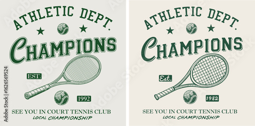 Athletic Department Champions tennis club College-style tee shirt with tennis ball. Sports apparel print. Tennis Vector illustration. Sports apparel print. Vector illustration 