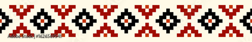 Bold ethnic geometric pixel art border in a rich color palette of red, black, and cream. Ideal for a striking visual element in textiles or digital designs.