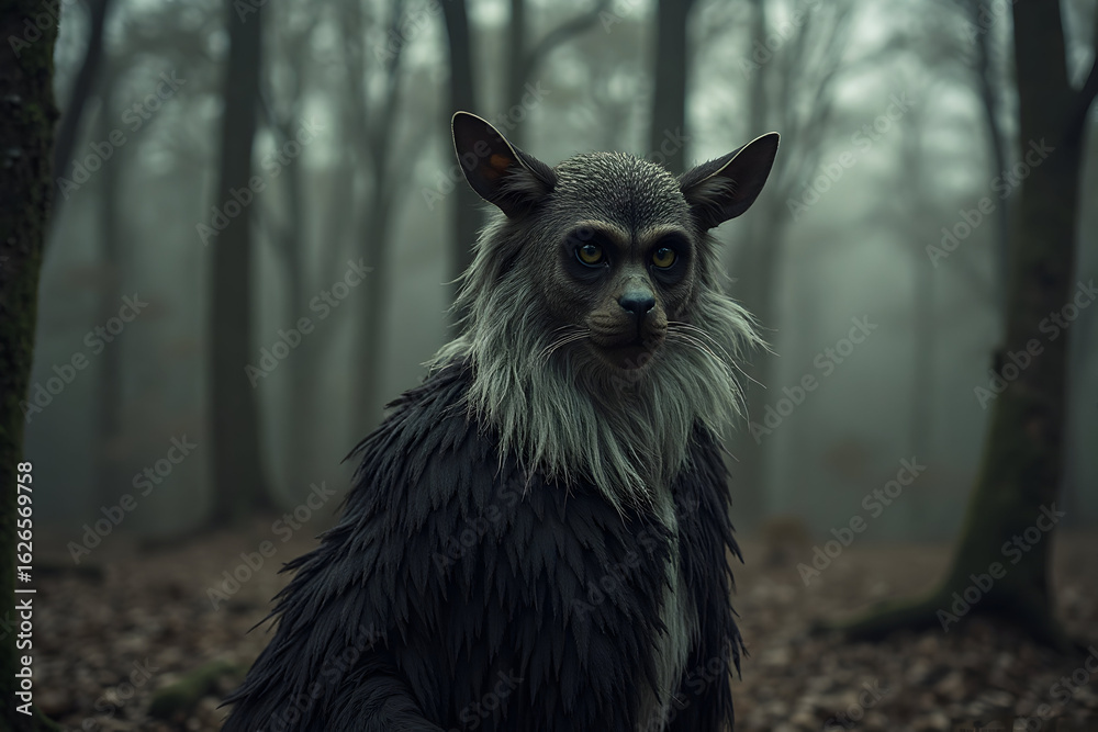 Creature in Forest with Grey and Black Fur Looking Forward in Misty Environment Creature in Forest with Grey and Black Fur Looking Forward in Misty Environment