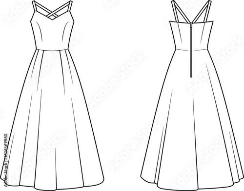
Flat vector fashion illustration of women’s long evening dress with criss-cross double shoulder straps and flared skirt, front and back views