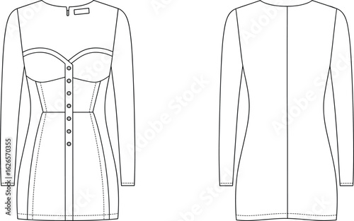 
Flat vector fashion illustration of women’s fitted mini dress with bustier bodice, front buttons, long sleeves, and princess seams, front and back views