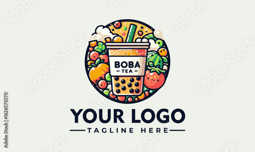 Vibrant logo design featuring a boba tea cup surrounded by colorful fruit and tapioca pearls.