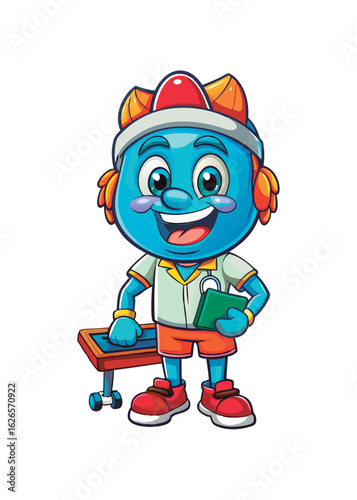 Friendly blue cartoon creature in athletic wear holding a shopping bag and a small table. Happy pose with a white background.