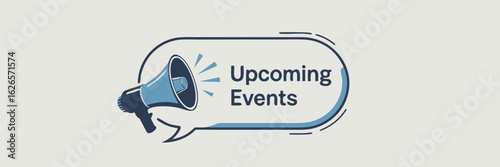 Blue Cartoon Megaphone in Speech Bubble Announcing Upcoming Events on Beige Background Design