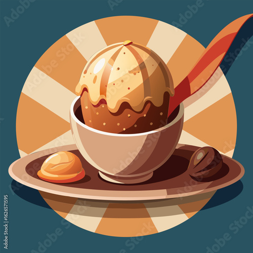A delectable caramel ice cream dessert in a teacup with a retro aesthetic. A scoop of ice cream is presented with a vibrant caramel topping and sits in a light beige teacup on a saucer.