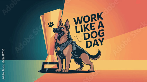 Work Like a Dog Day with German Shepherd and Trophy Illustration