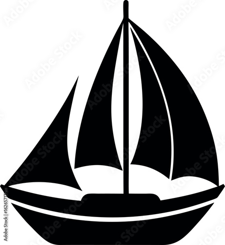 A white background highlights the isolated nautical silhouette of a sailing yacht as it cruises the open sea