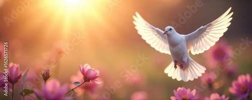 A single white dove taking flight against a softly blurred background of flowers and a gentle sunrise, symbolizing hope and peace after loss , comfort, soul