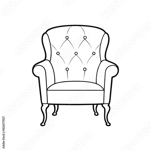 A minimal outline illustration of a Chesterfield chair, featuring classic tufted upholstery design, ideal for traditional interior decor, vintage furniture themes, or home furnishing visuals