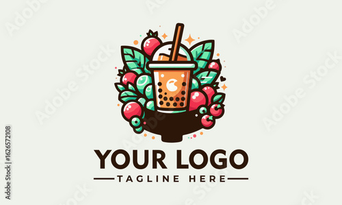 Vibrant logo design featuring a bubble tea cup surrounded by berries and leaves.