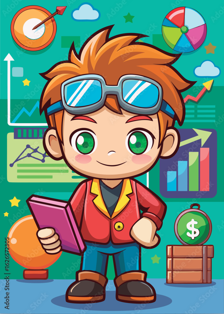 Naklejka premium Young boy in business attire standing confidently in a modern. technological setting. He is holding a notepad and smiling confidently in a classroom office environment.