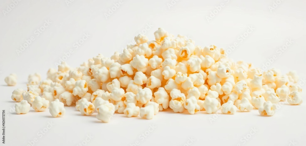 Fluffy, buttery popcorn spills across a pristine white background, copy space, light Fluffy, buttery popcorn spills across a pristine white background, copy space, light