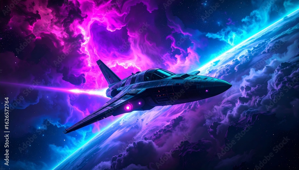 Fototapeta premium Futuristic spaceship through vibrant cosmic clouds