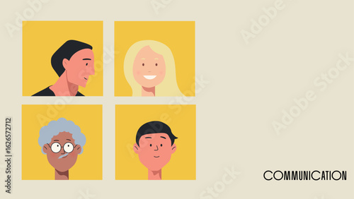 Flat vector portraits of diverse people in squares, simulating a video call. Minimal design, beige-yellow palette. Suitable for online meetings, teamwork, and digital communication.