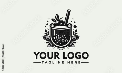 Illustration of a boba tea drink with tapioca pearls, a straw, and leaves, presented as a logo design.