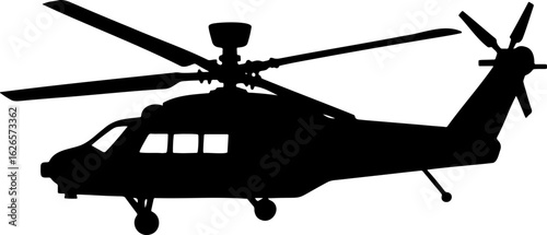 Silhouette of a military helicopter with rotating blades and tail rotor on a white background image