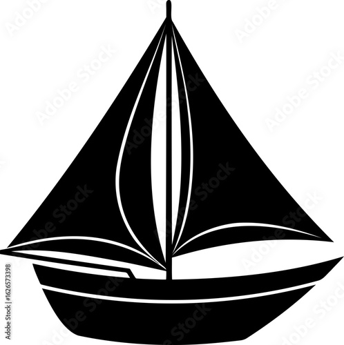 Silhouette of a sailboat with sails and hull depicted in solid black on a white background design view