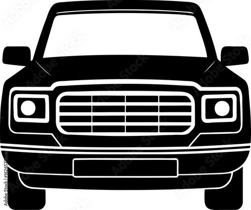 Front view of a black car with detailed grill headlights and bumper in a vector illustration style