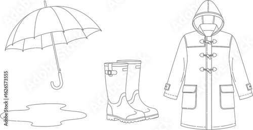 Illustration of an umbrella, rain boots, and raincoat, representing protection from wet weather