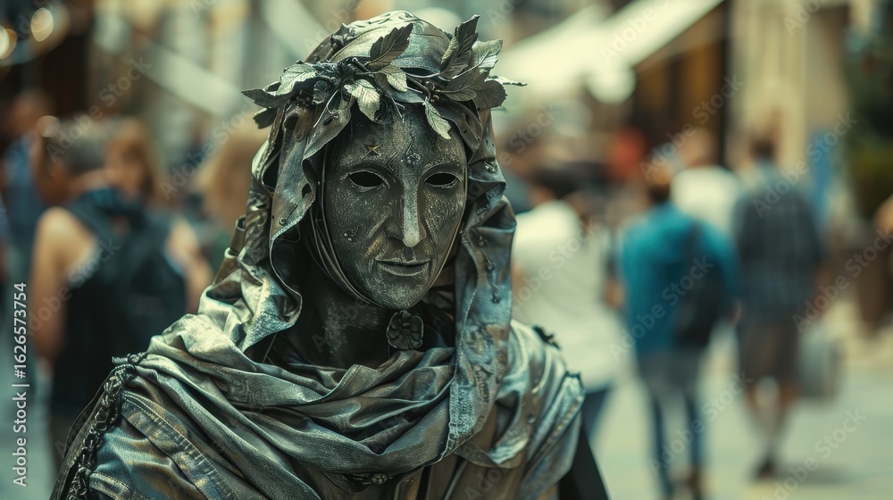 Fototapeta premium A silver-clad street performer, resembling a statue, stands amidst a bustling crowd, blending art and urban life.