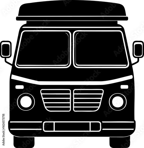 Front view of a black camper van with roof rack and large windows in a silhouette style design
