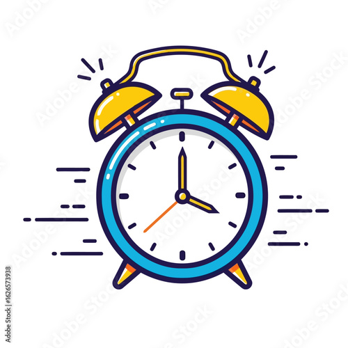 Vector art of vintage alarm clock with bells ringing, isolated on white background, symbolizing morning wakeup calls and time management